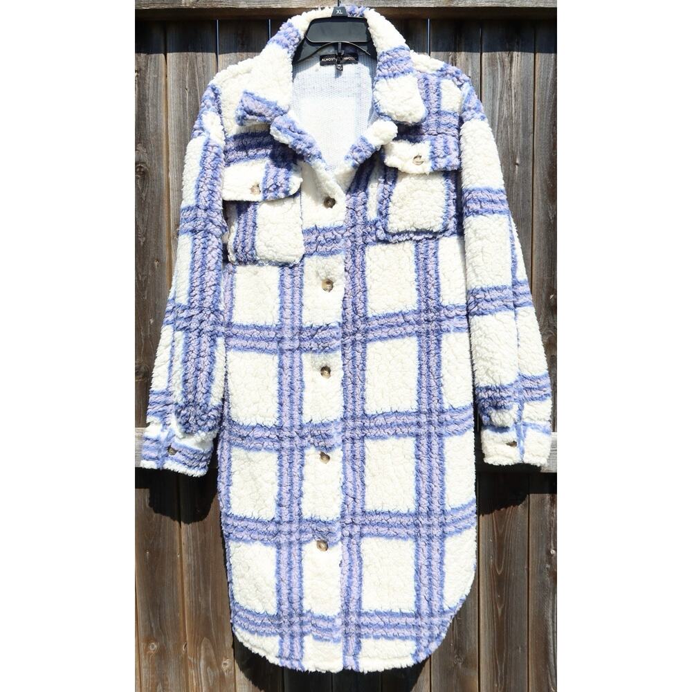 Almost Famous Sherpa Plaid Teddy Shacket Coat Blue Ivory Oversized Womens M